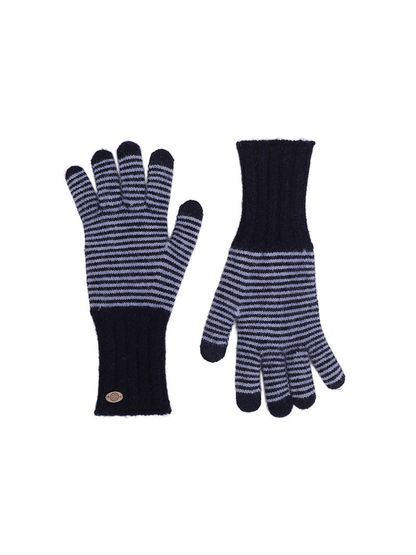 Navy and gray striped knit gloves with extended ribbed cuffs