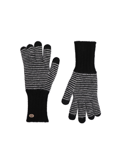 Black and gray striped knit gloves with extended ribbed cuffs