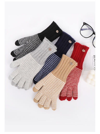 Five striped glove colors arranged together on a white surface