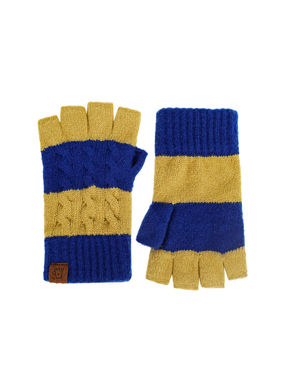 Mustard yellow and blue cable-knit fingerless gloves, front and back views