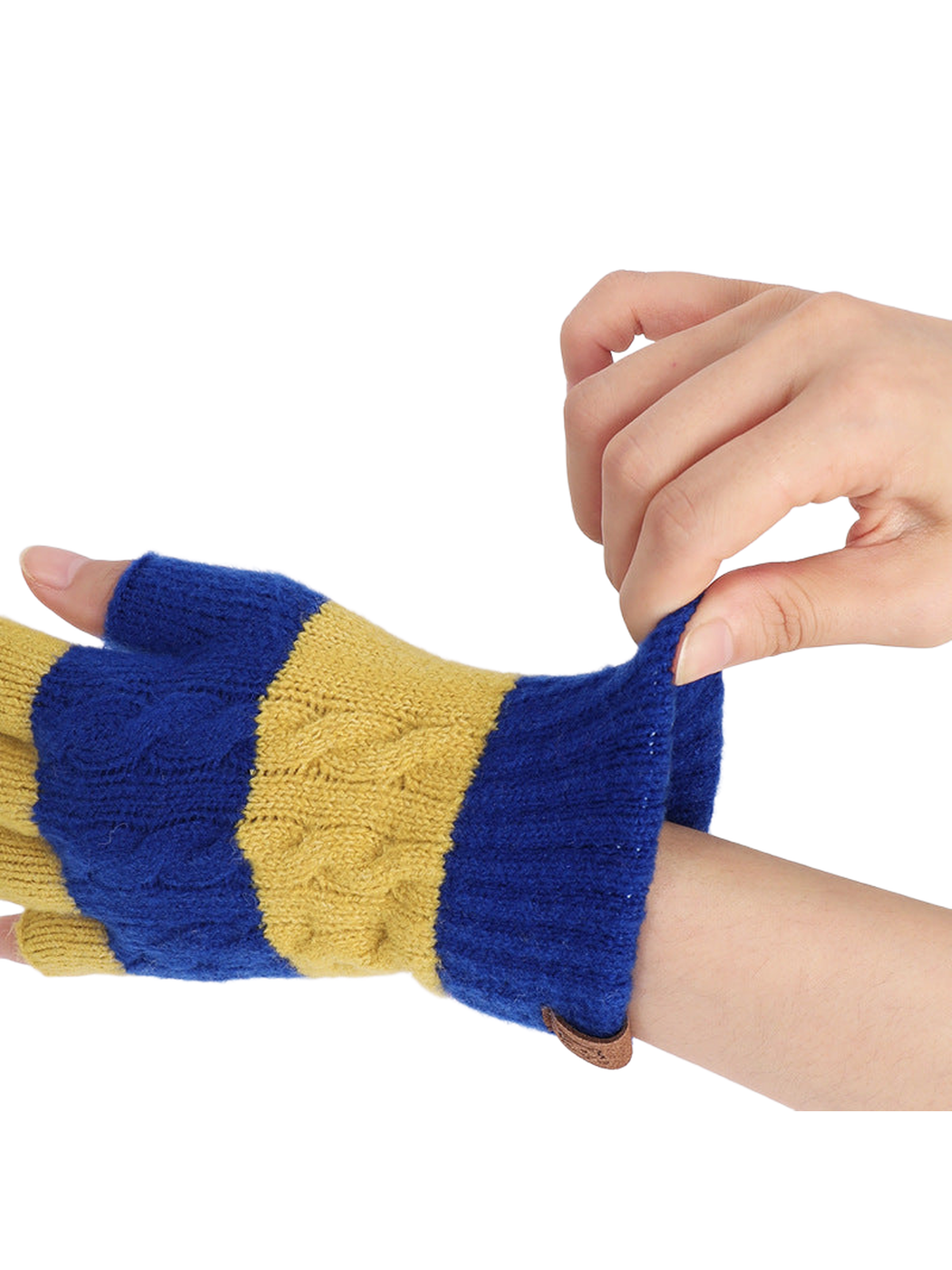 Close-up of the blue ribbed cuff being stretched