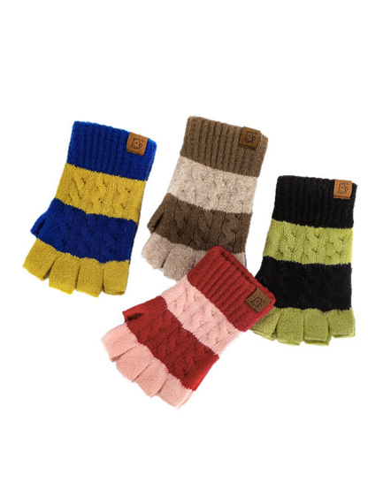 Four colorblock fingerless glove styles displayed together