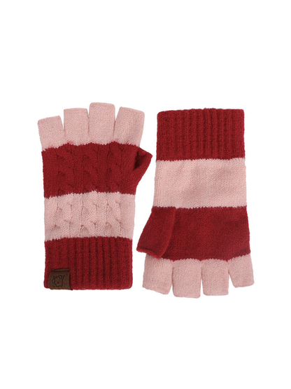 Light pink and red cable-knit fingerless gloves, front and back views