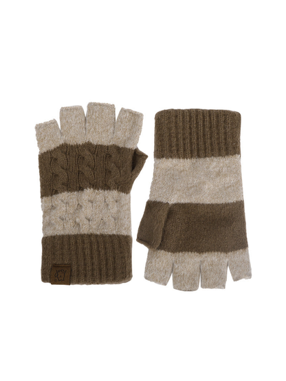 Beige and dark brown cable-knit fingerless gloves, front and back views
