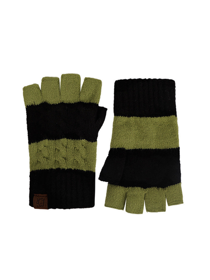 Green and black cable-knit fingerless gloves, front and back views