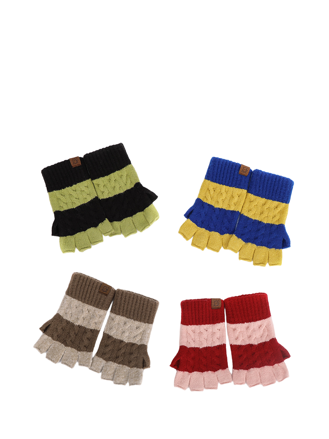 Four colorblock fingerless glove styles arranged in pairs