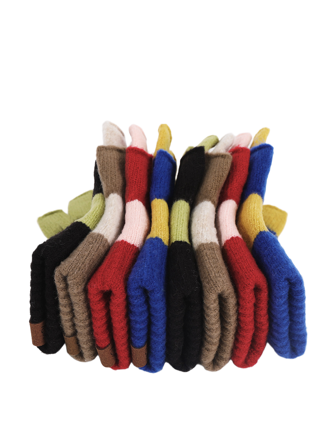 Side view of stacked colorblock fingerless glove styles