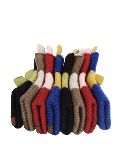 Side view of stacked colorblock fingerless glove styles
