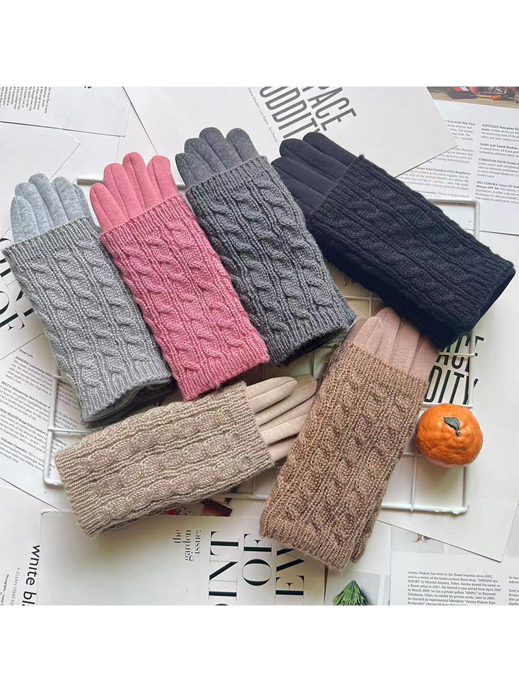 Cable-knit layered gloves displayed in six colors