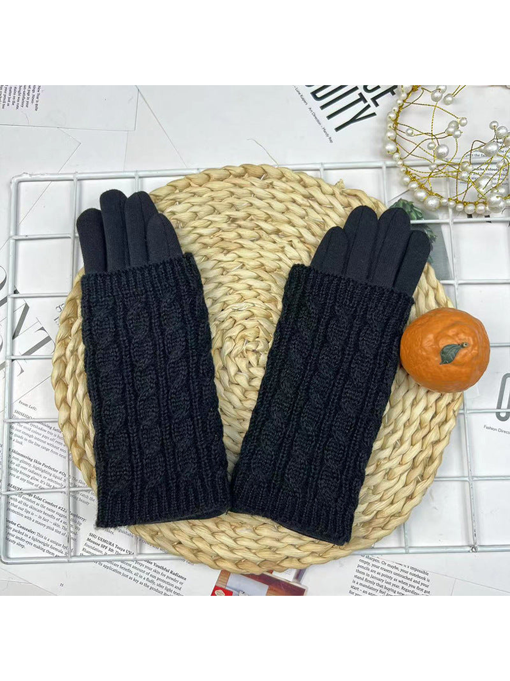Black cable-knit layered gloves, front view