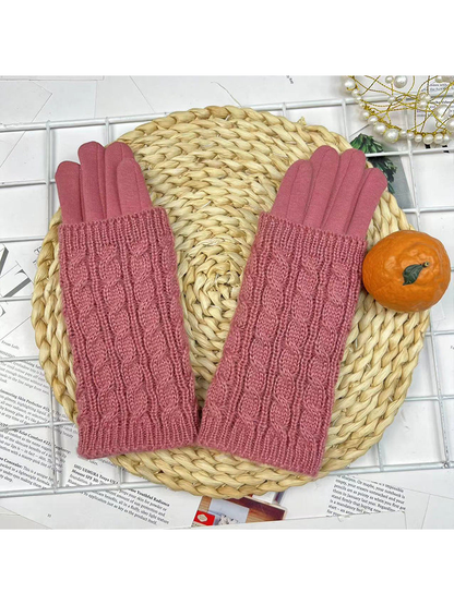 Dusty pink cable-knit layered gloves, front view