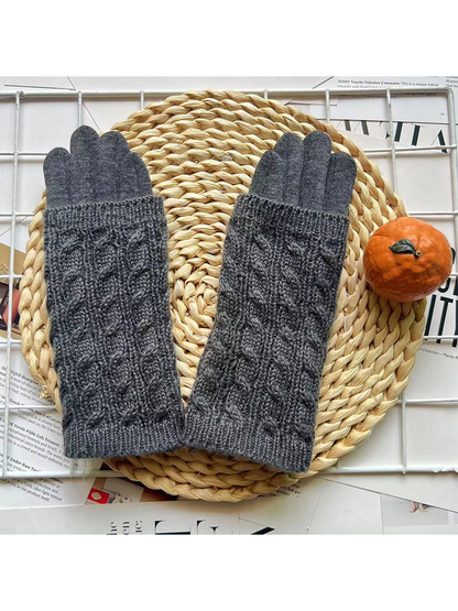 Dark gray cable-knit layered gloves, front view