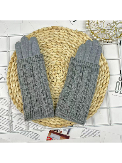 Light gray cable-knit layered gloves, front view
