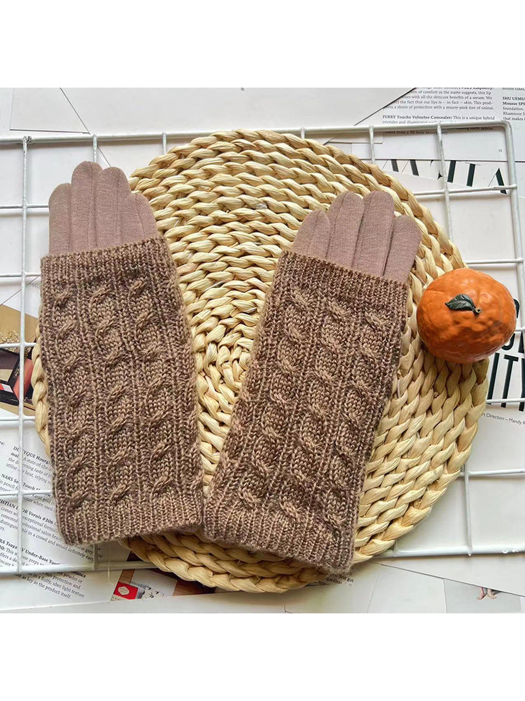 Khaki cable-knit layered gloves, front view