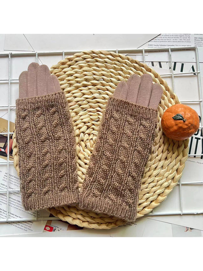 Khaki cable-knit layered gloves, front view