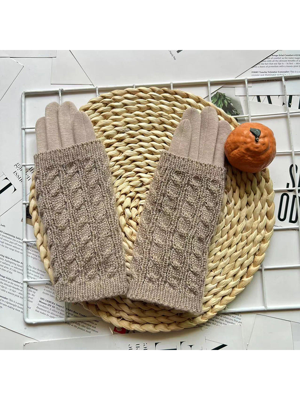 Beige cable-knit layered gloves, front view