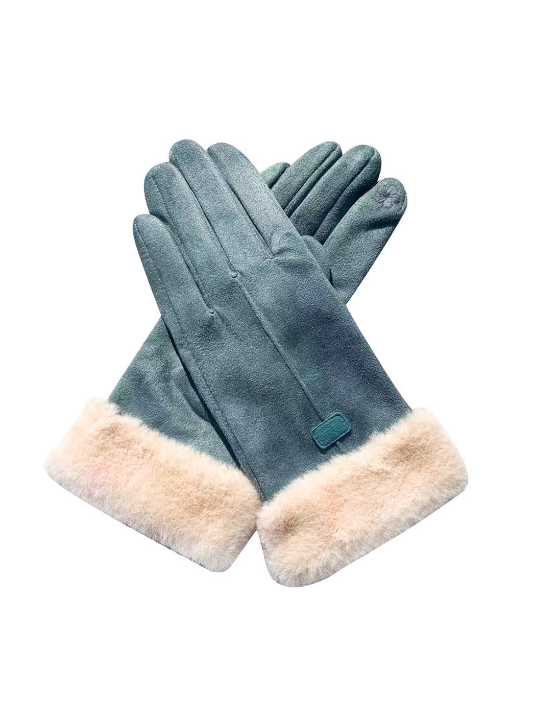 Gray-blue five-finger gloves with contrasting fuzzy cuffs on white
