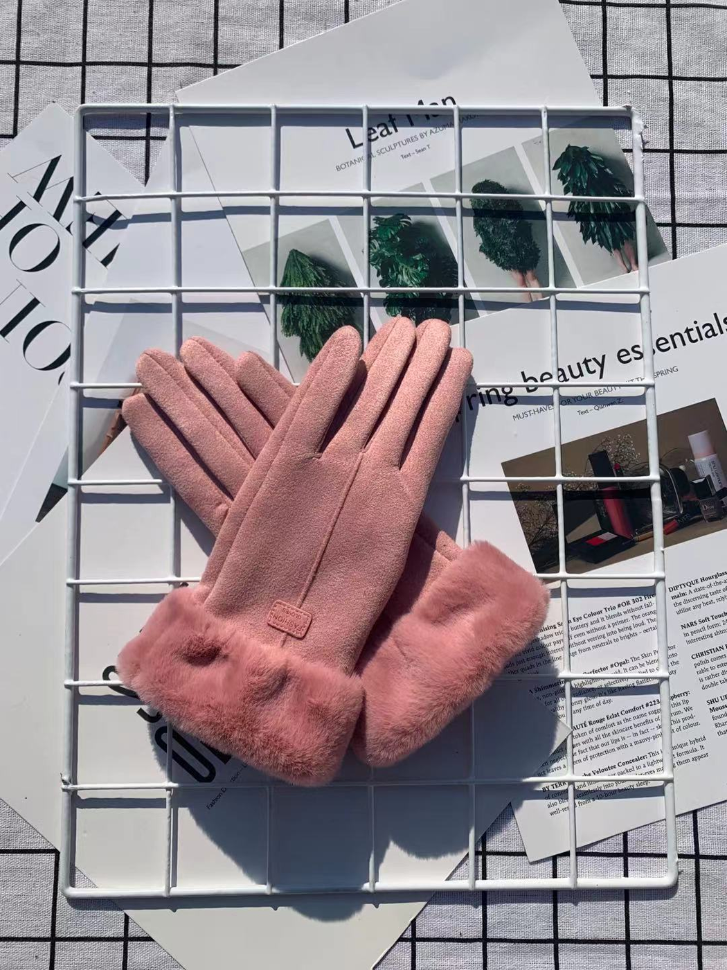 Dusty pink five-finger gloves with matching fuzzy cuffs
