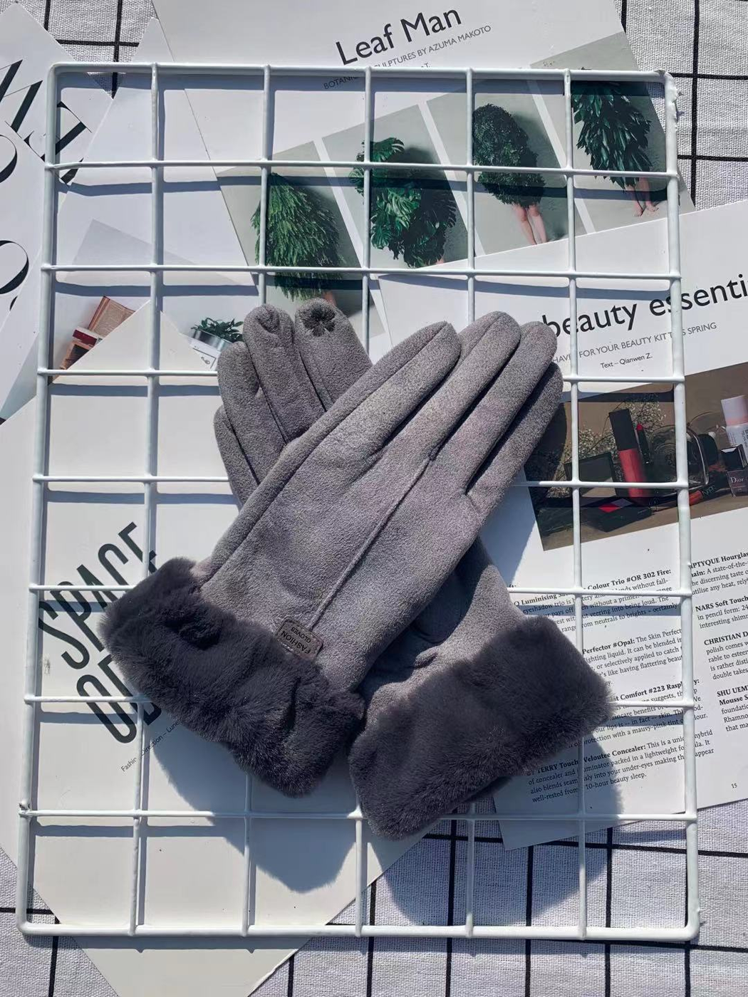 Gray five-finger gloves with dark fuzzy cuffs