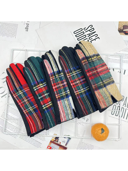 Assorted plaid gloves displayed together