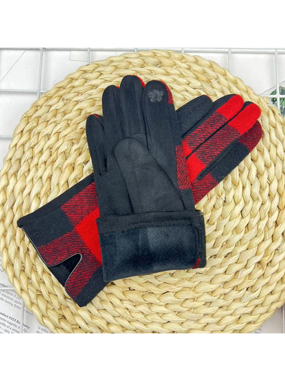 Red and black plaid gloves showing the black palms and plush-textured cuffs
