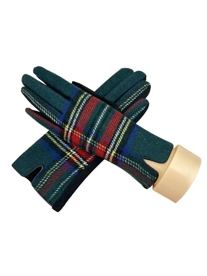Dark green plaid gloves displayed on a mannequin hand