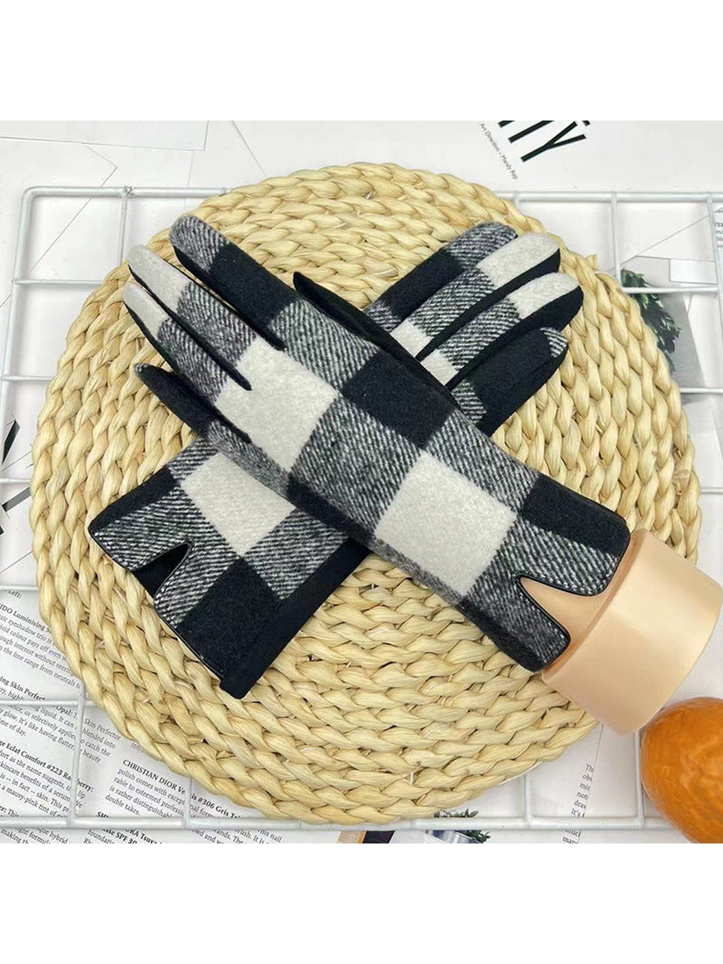 Black and white buffalo plaid gloves