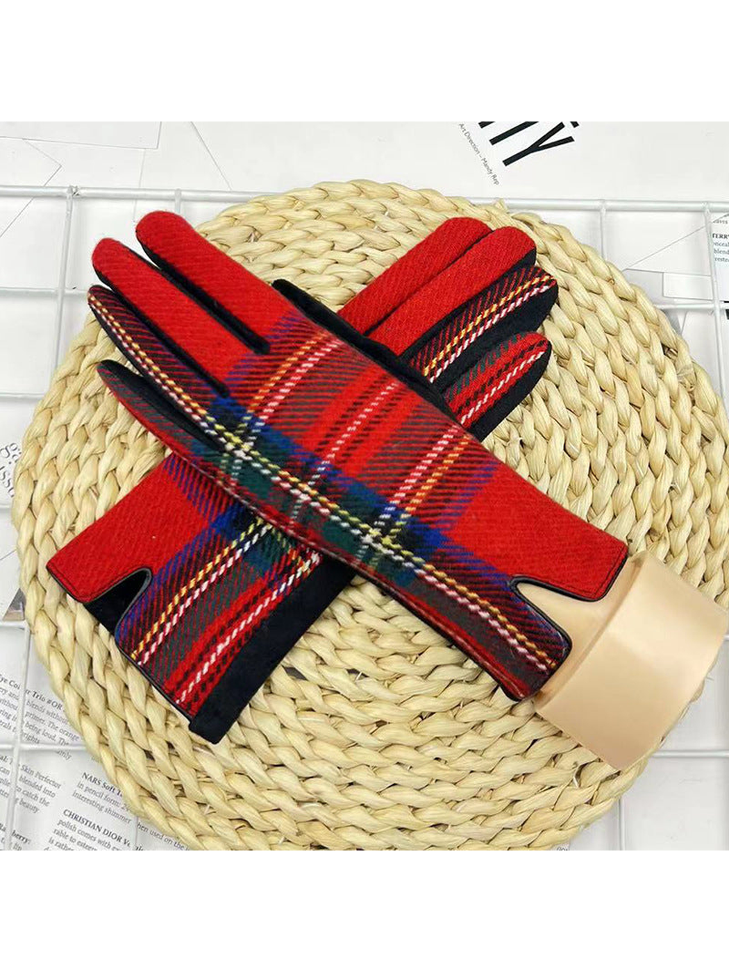 Red multicolor plaid gloves