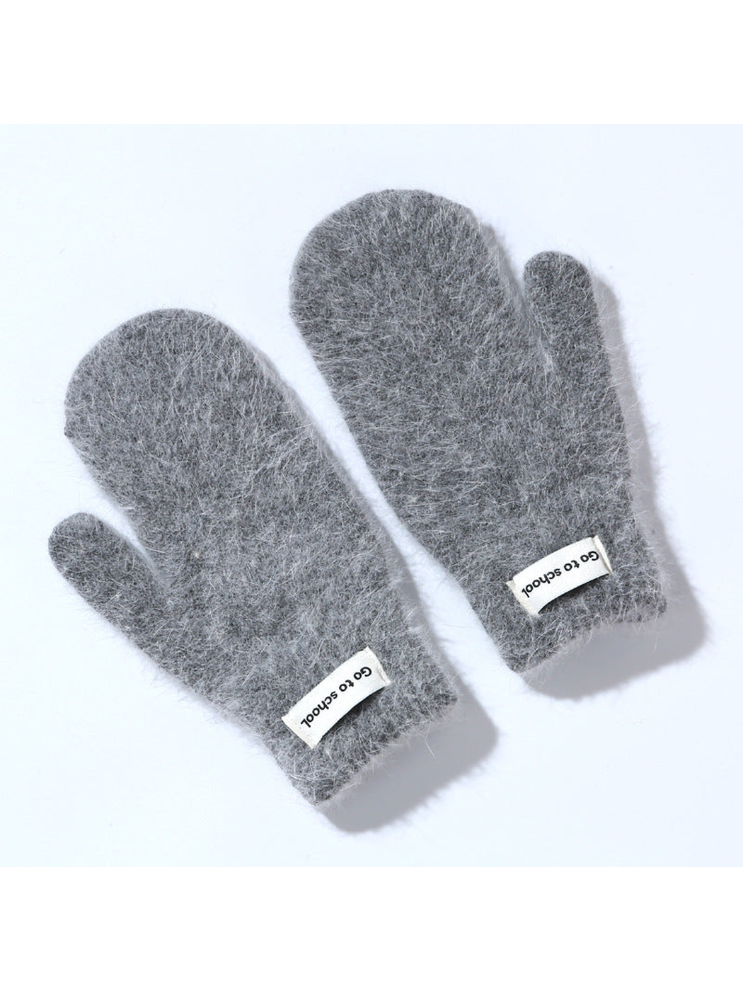 Dark gray fuzzy mittens with ribbed cuffs, pair view