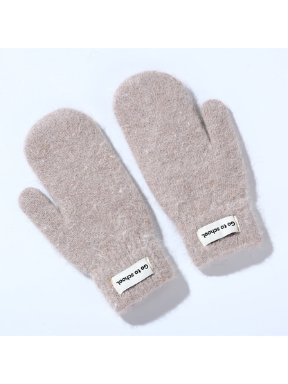 Dusty pink fuzzy mittens with ribbed cuffs, pair view