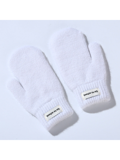 White fuzzy mittens with ribbed cuffs, pair view