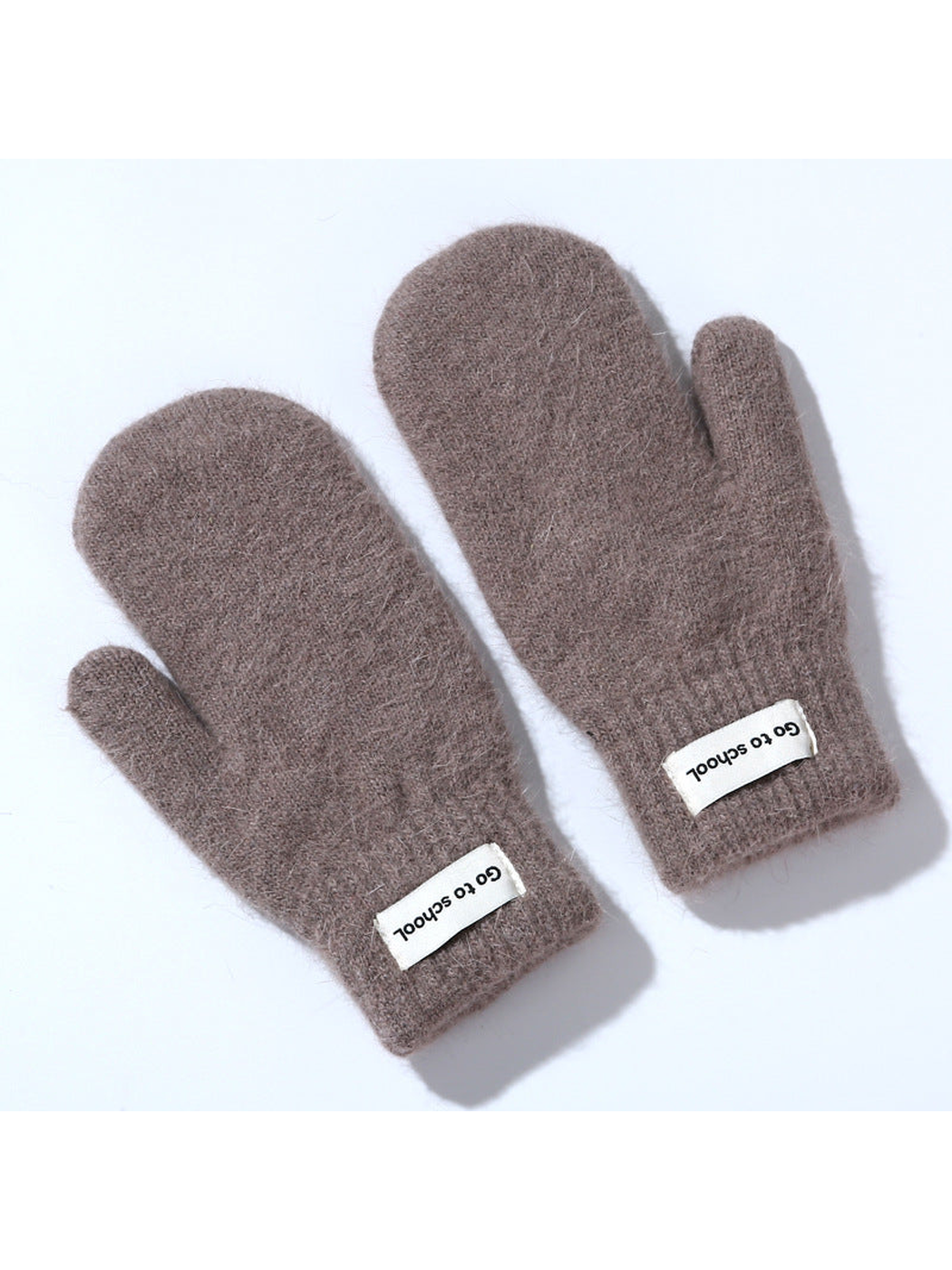 Coffee brown fuzzy mittens with ribbed cuffs, pair view
