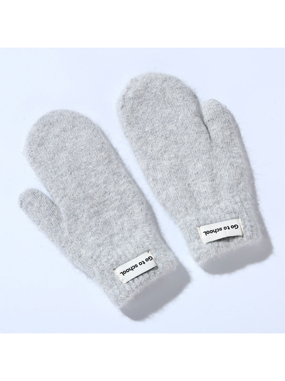 Light gray fuzzy mittens with ribbed cuffs, pair view