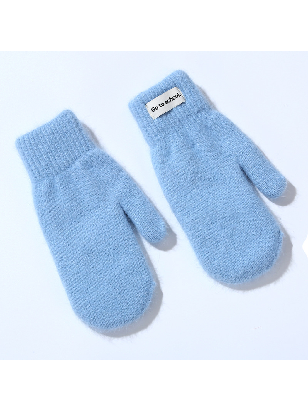 Light blue fuzzy mittens displayed from the reverse side