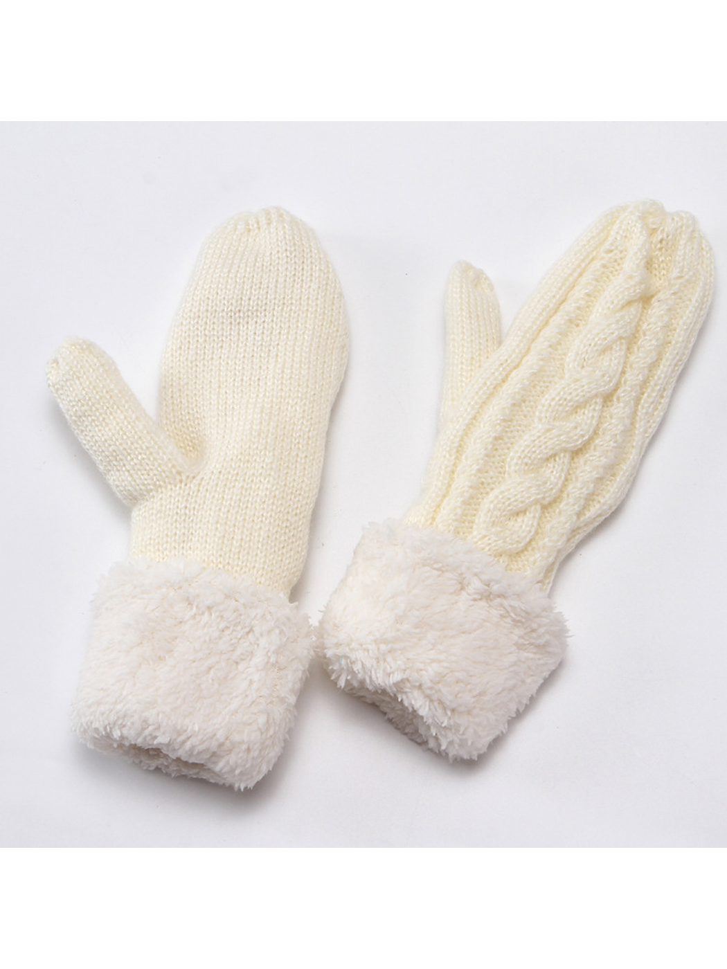 Ivory cable-knit mittens with plush cuffs, front and reverse views