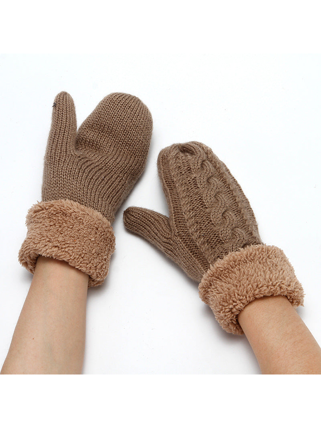 Brown cable-knit mittens with plush cuffs, worn pair view