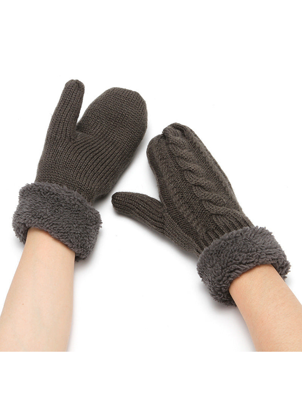 Dark gray cable-knit mittens with plush cuffs, worn pair view