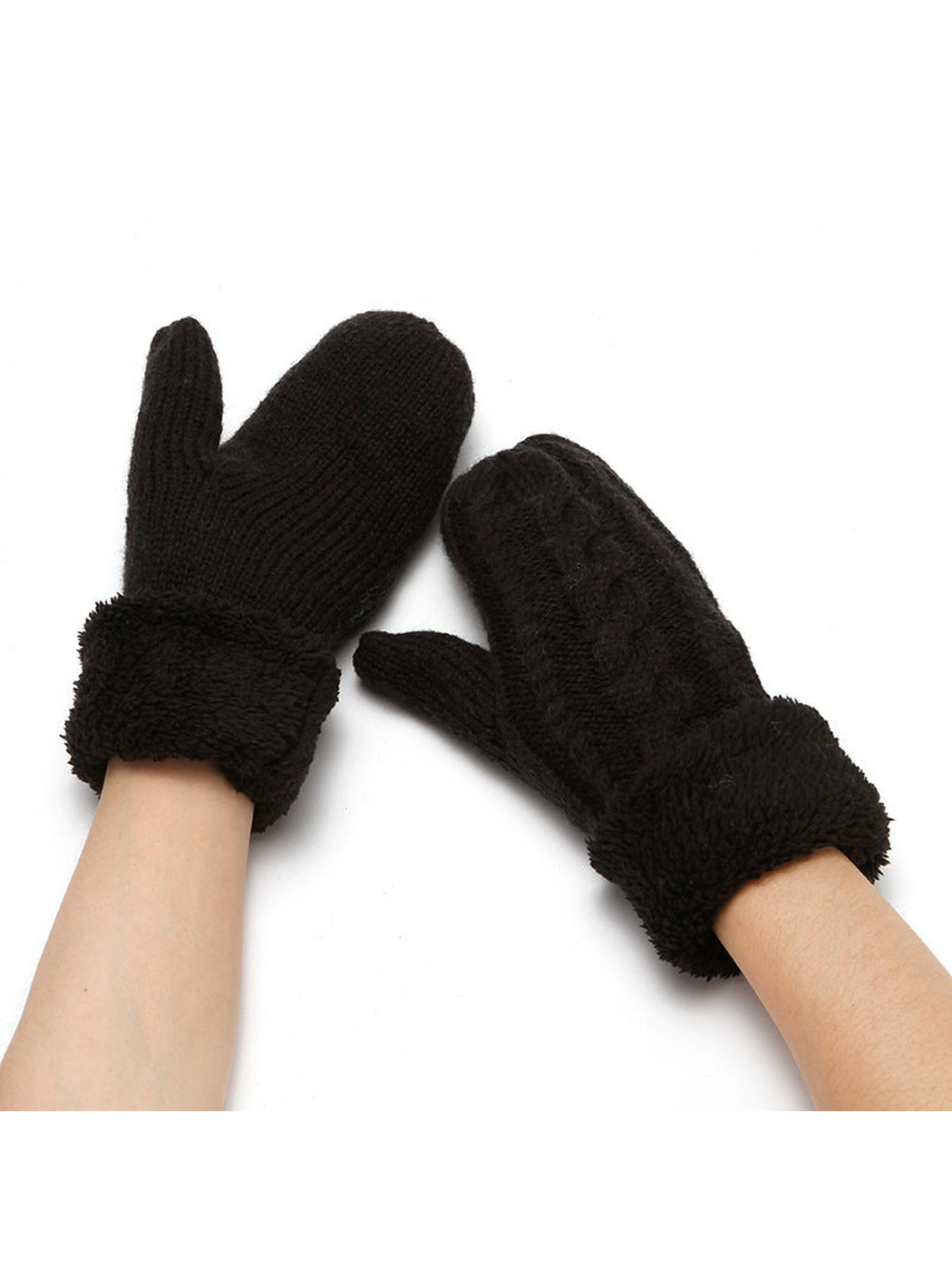 Black cable-knit mittens with plush cuffs, worn pair view