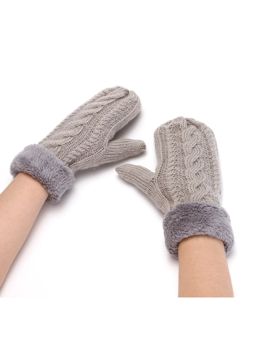 Light gray cable-knit mittens with plush cuffs, worn pair view