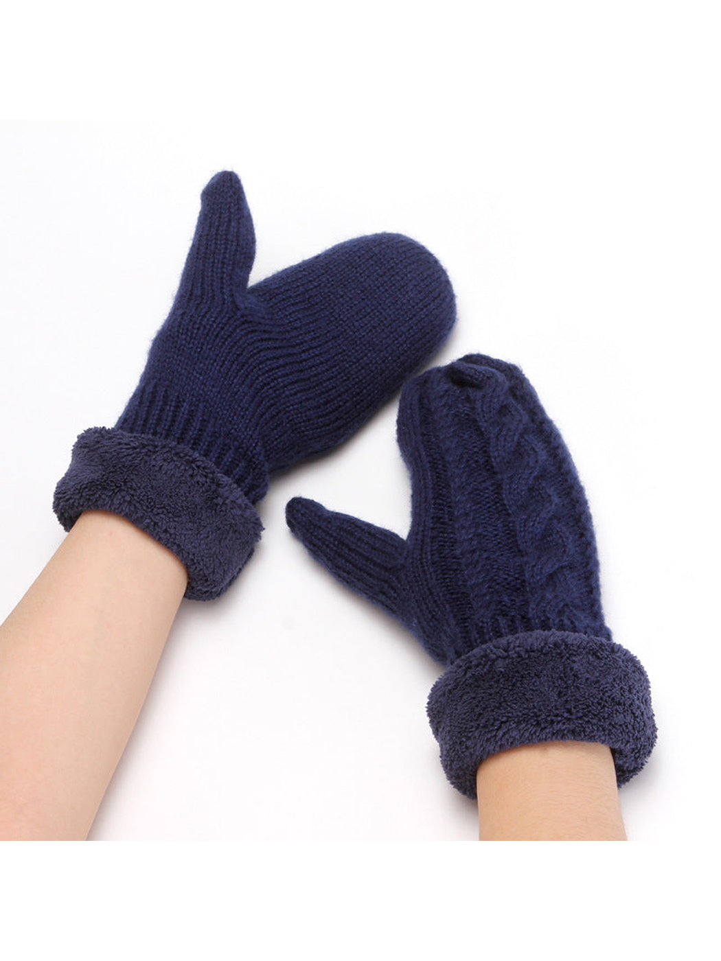 Navy cable-knit mittens with plush cuffs, worn pair view