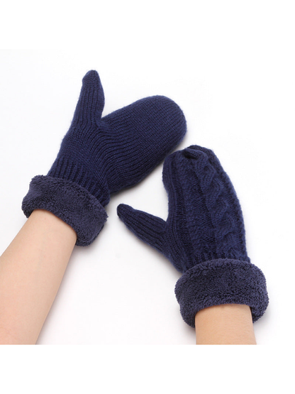 Navy cable-knit mittens with plush cuffs, worn pair view