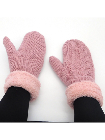 Dusty pink cable-knit mittens with plush cuffs, worn pair view