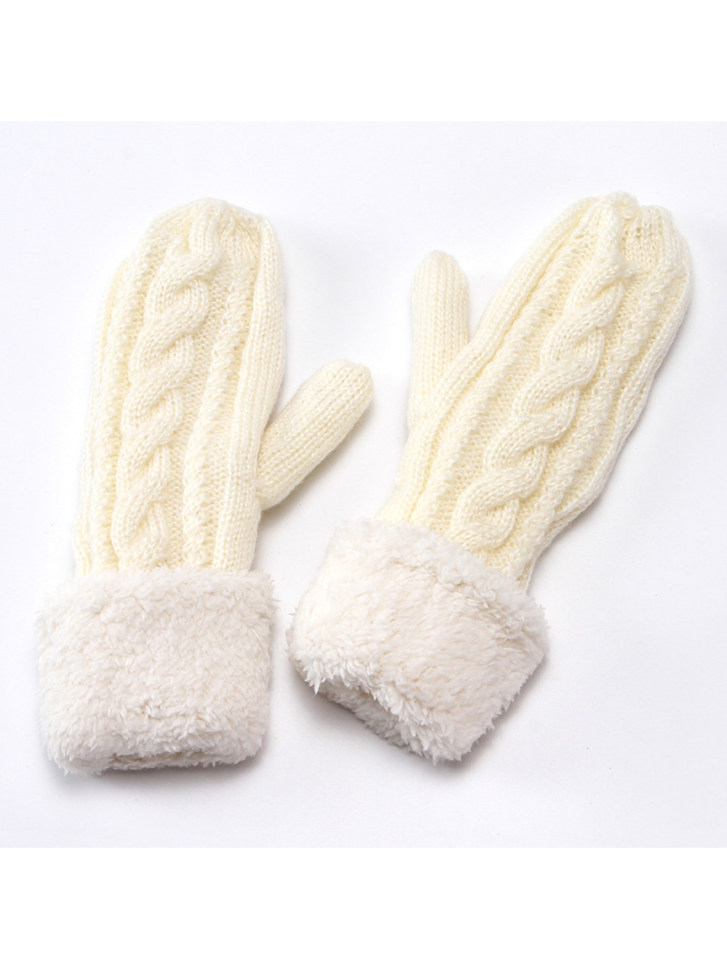 Ivory cable-knit mittens displayed together with matching plush cuffs