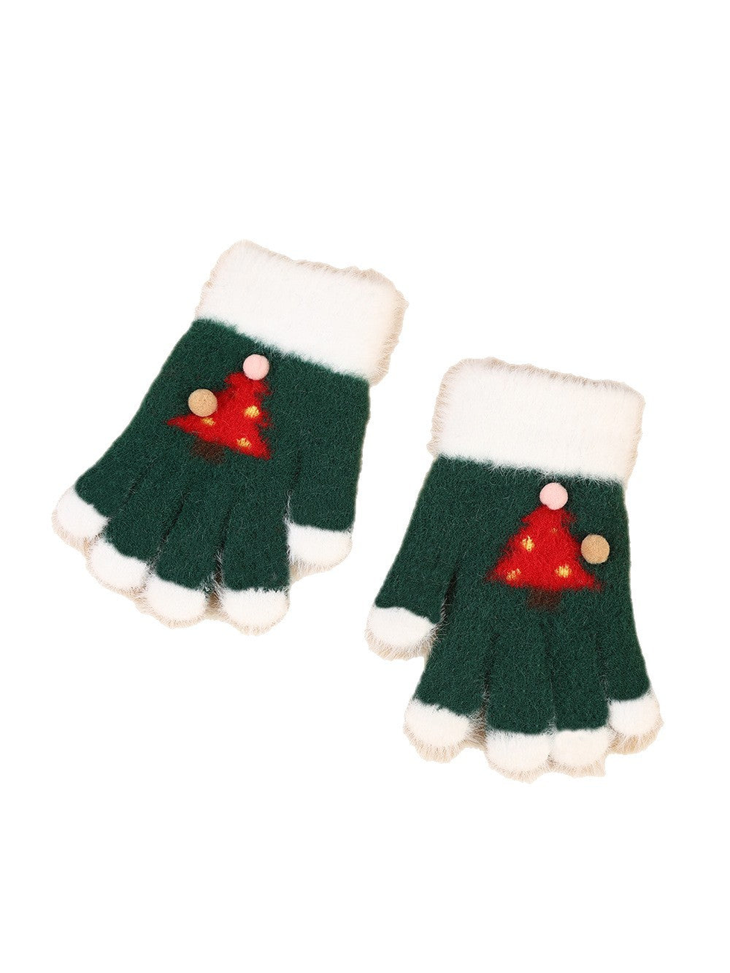 Green fuzzy fingerless gloves with white cuffs and Christmas tree motifs