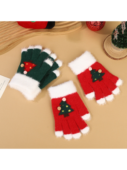 Green and red fuzzy fingerless gloves with Christmas tree motifs