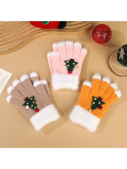 Pink, orange and beige fuzzy fingerless gloves with white trim