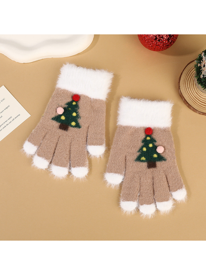 Beige fuzzy fingerless gloves with white trim and Christmas tree motifs