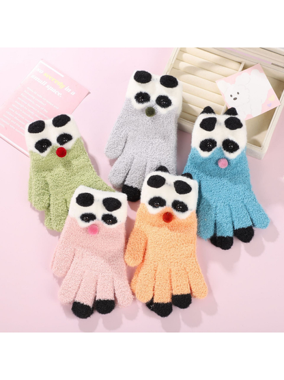 Panda motif gloves in five assorted colors displayed together