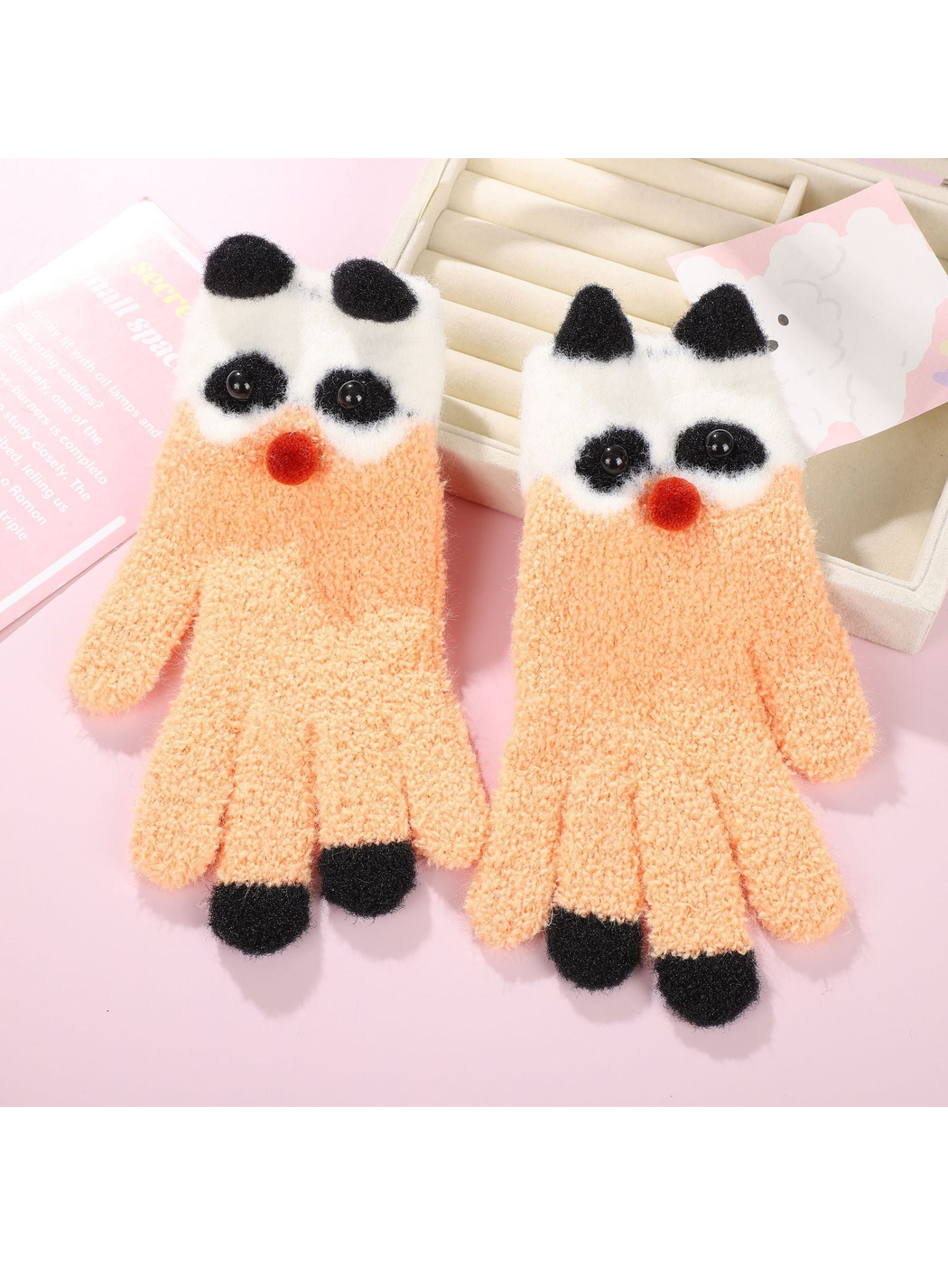 Orange panda motif gloves with black fingertip accents