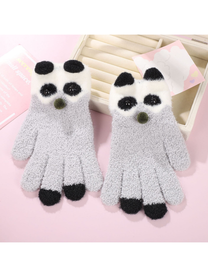 Light gray panda motif gloves with black fingertip accents